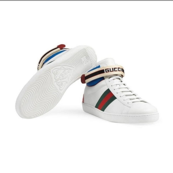 GUCCI Stripe Ace High Top miro soft leather Mens shoes white/multicolor size 10 - Picture 3 of 15